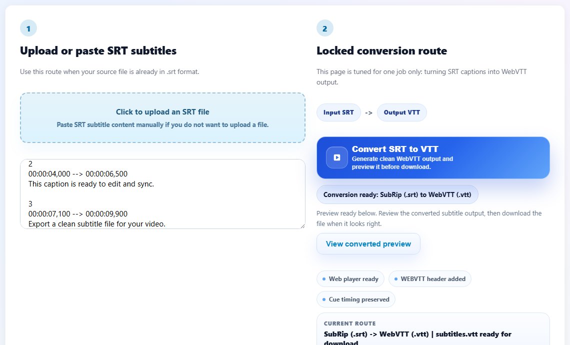 SRT to VTT converter interface showing WebVTT output workflow
